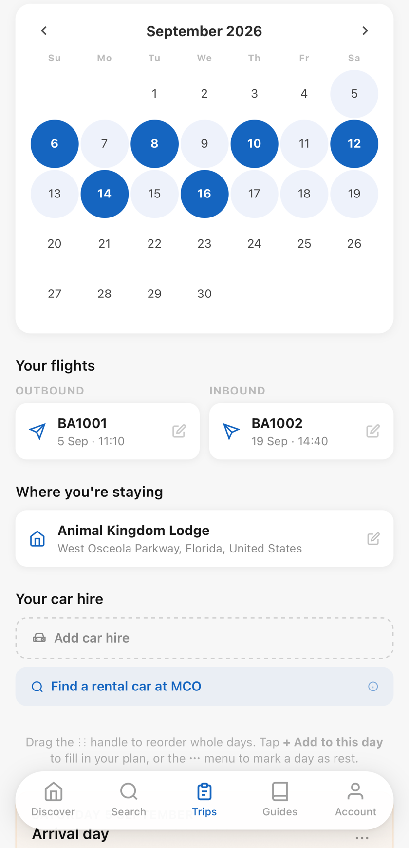 MyMagicTrip trip itinerary - calendar, flights and stays