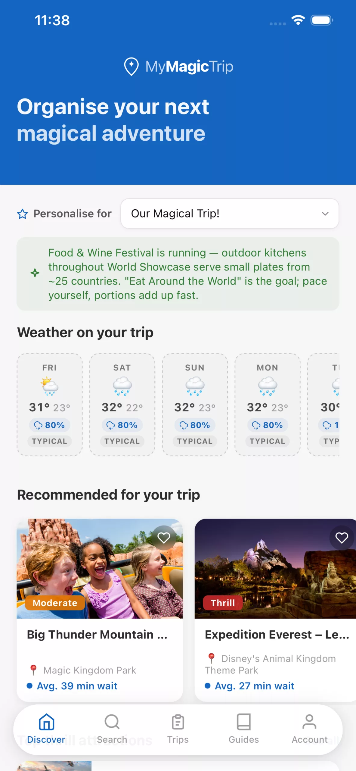 MyMagicTrip Discover home screen